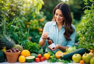 Woman holding a bottle surrounded by fresh fruits and vegetables in a garden