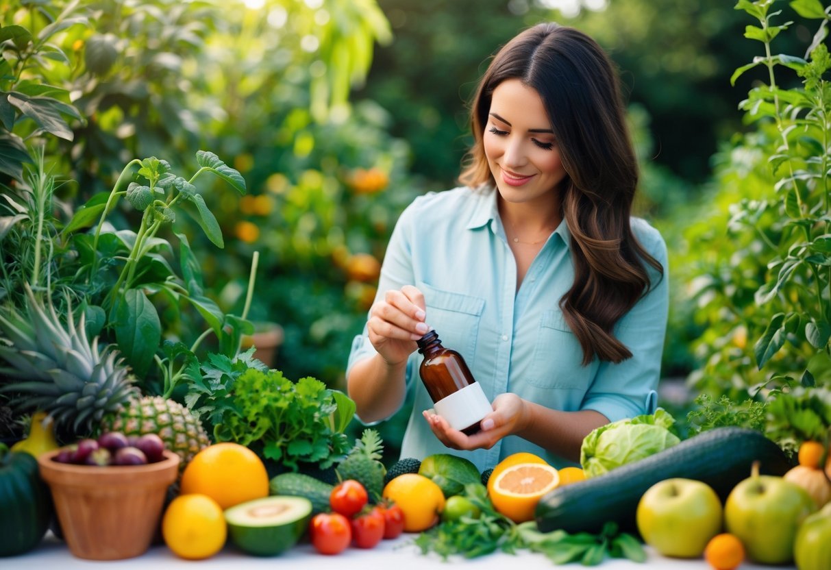 A lush, green garden with a variety of fruits, vegetables, and herbs. A woman carefully selects and blends them into homemade vegan hair products