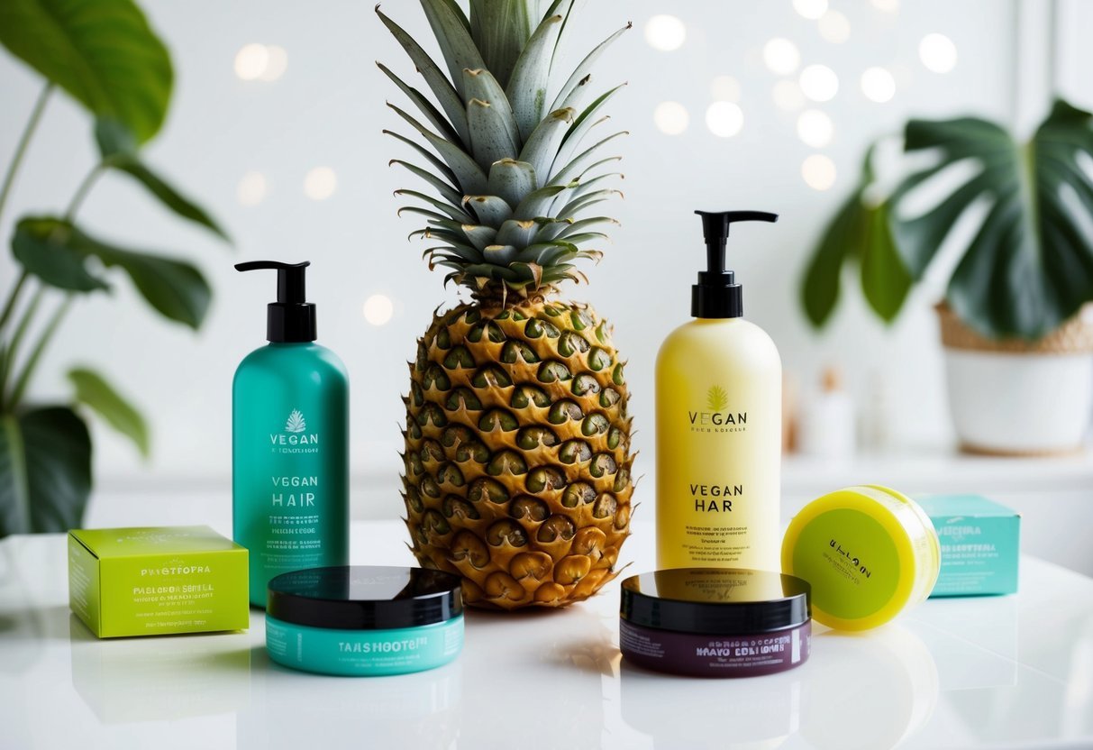 A pineapple with vibrant green leaves surrounded by various vegan hair products on a clean, white surface