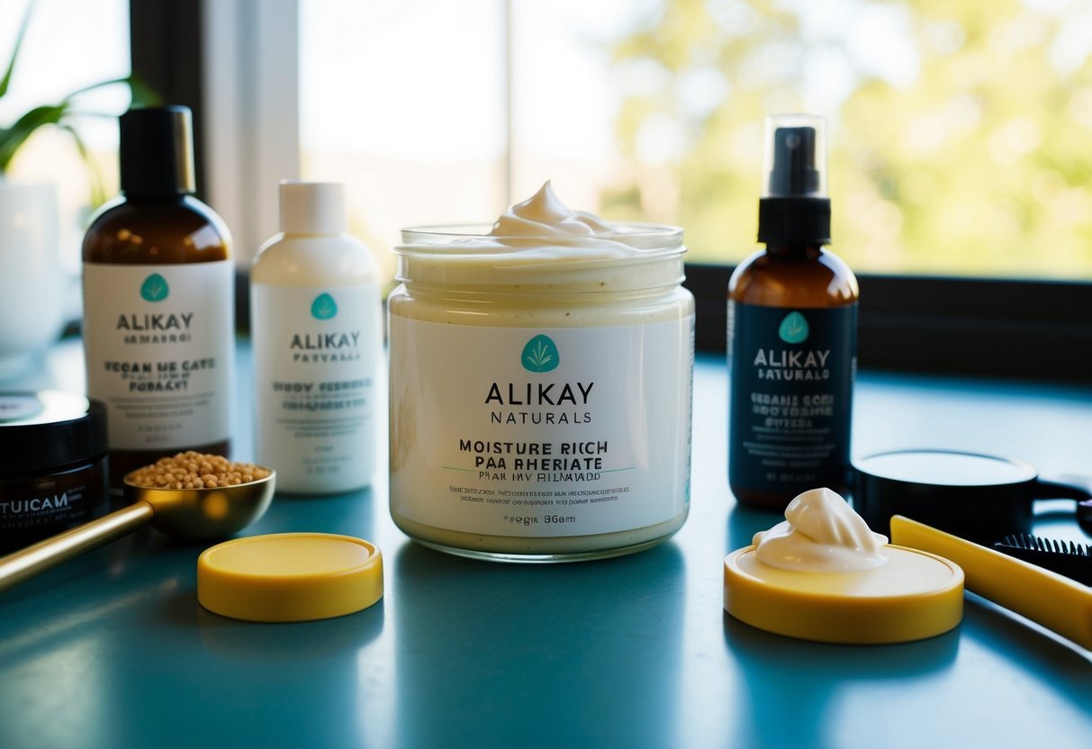 A table with a jar of Alikay Naturals Moisture Rich Parfait surrounded by various vegan hair care products and tools