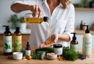 Woman pouring oil from a bottle onto her hand, surrounded by beauty products