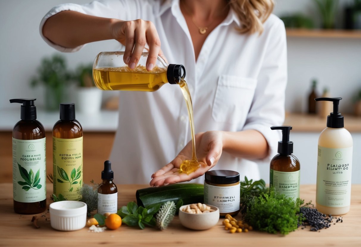 A woman pouring plant-based shampoo into her hand, surrounded by various botanical ingredients and eco-friendly haircare products