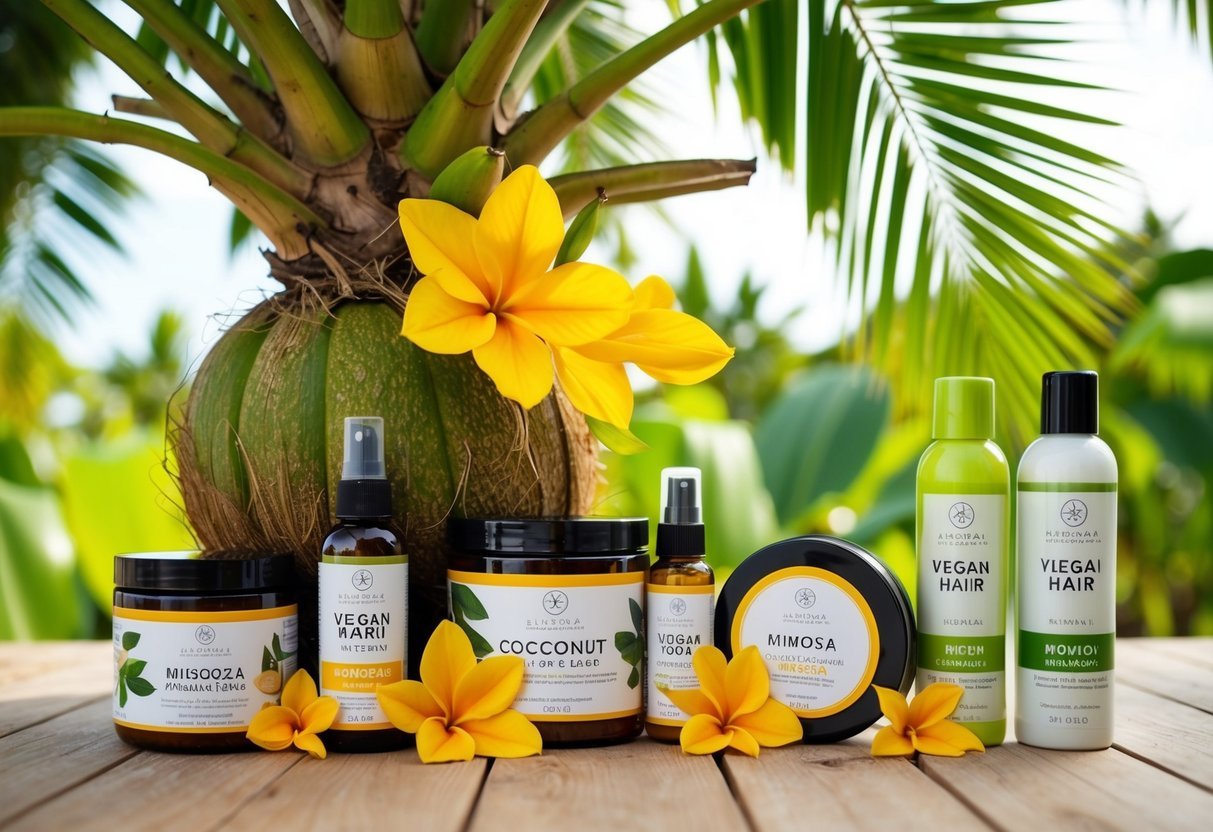 A lush coconut tree with vibrant mimosa flowers, surrounded by various vegan hair care products