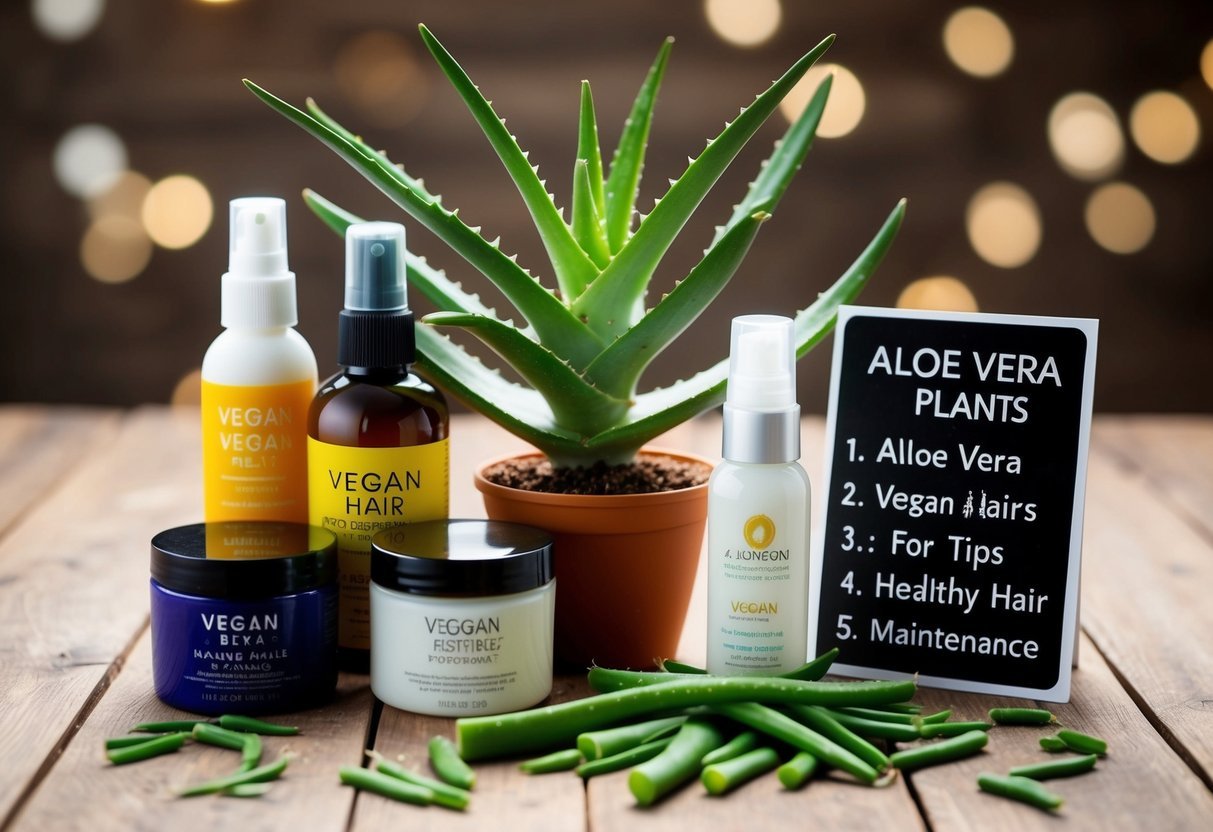 Aloe vera plant surrounded by vegan hair products and a list of tips for healthy hair maintenance