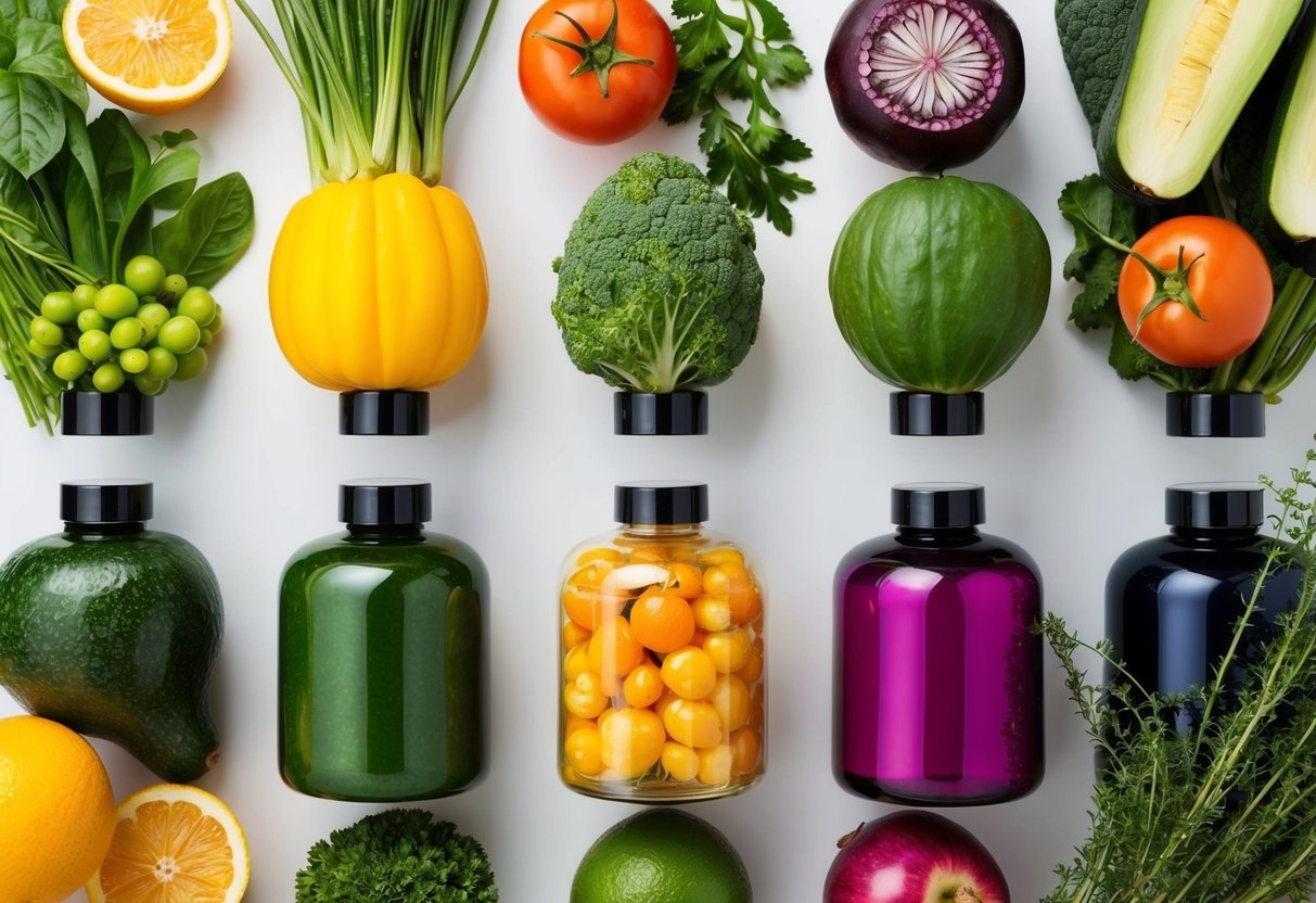 A colorful array of plant-based ingredients arranged in 5 steps, including fruits, vegetables, and herbs, with bottles and containers for a haircare routine