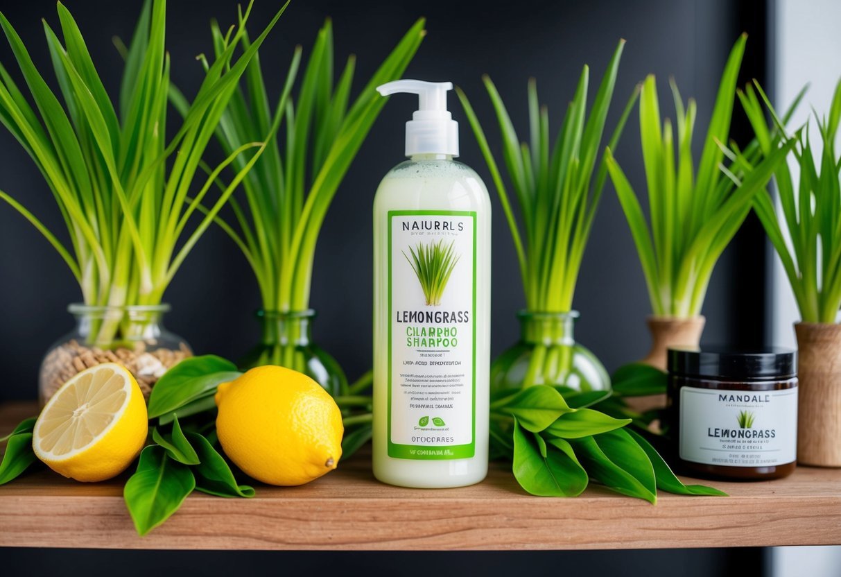 A clear bottle of lemongrass shampoo surrounded by vibrant green lemongrass plants and other natural vegan hair care products on a wooden shelf