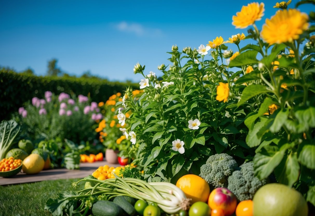 A lush, green garden with vibrant, blooming flowers and a clear blue sky. A variety of fruits and vegetables are scattered around, emphasizing the natural and plant-based aspect of vegan hair products