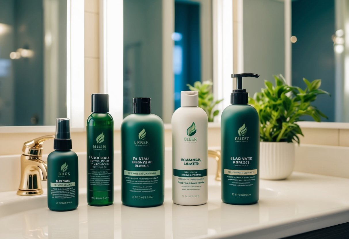 A bathroom counter with traditional haircare products being replaced by plant-based alternatives in five steps