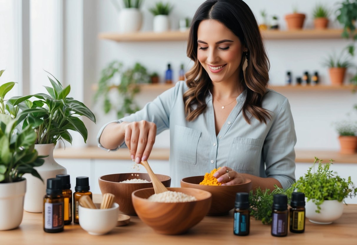 A woman mixing natural ingredients in bowls, surrounded by plants and bottles of essential oils