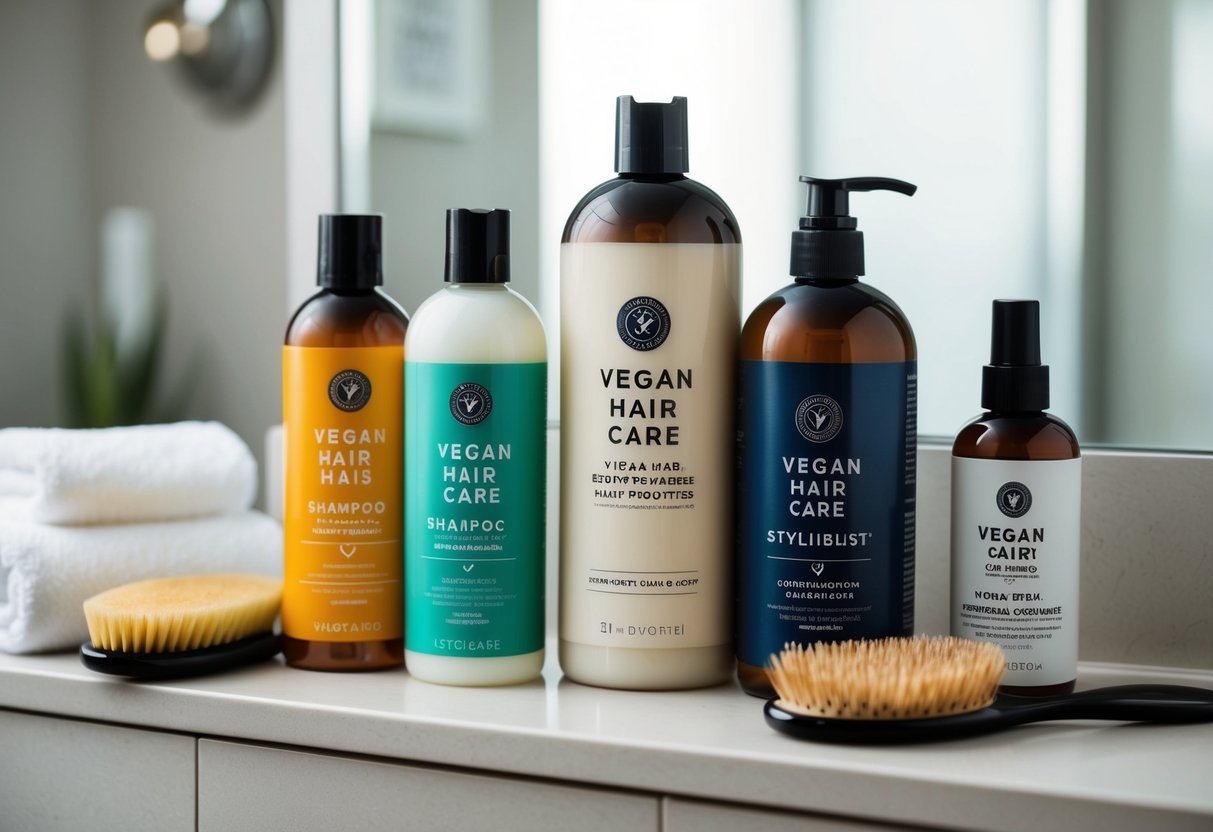 A bathroom counter with various vegan hair care products arranged neatly, including shampoo, conditioner, and styling products. A towel and hairbrush are also present