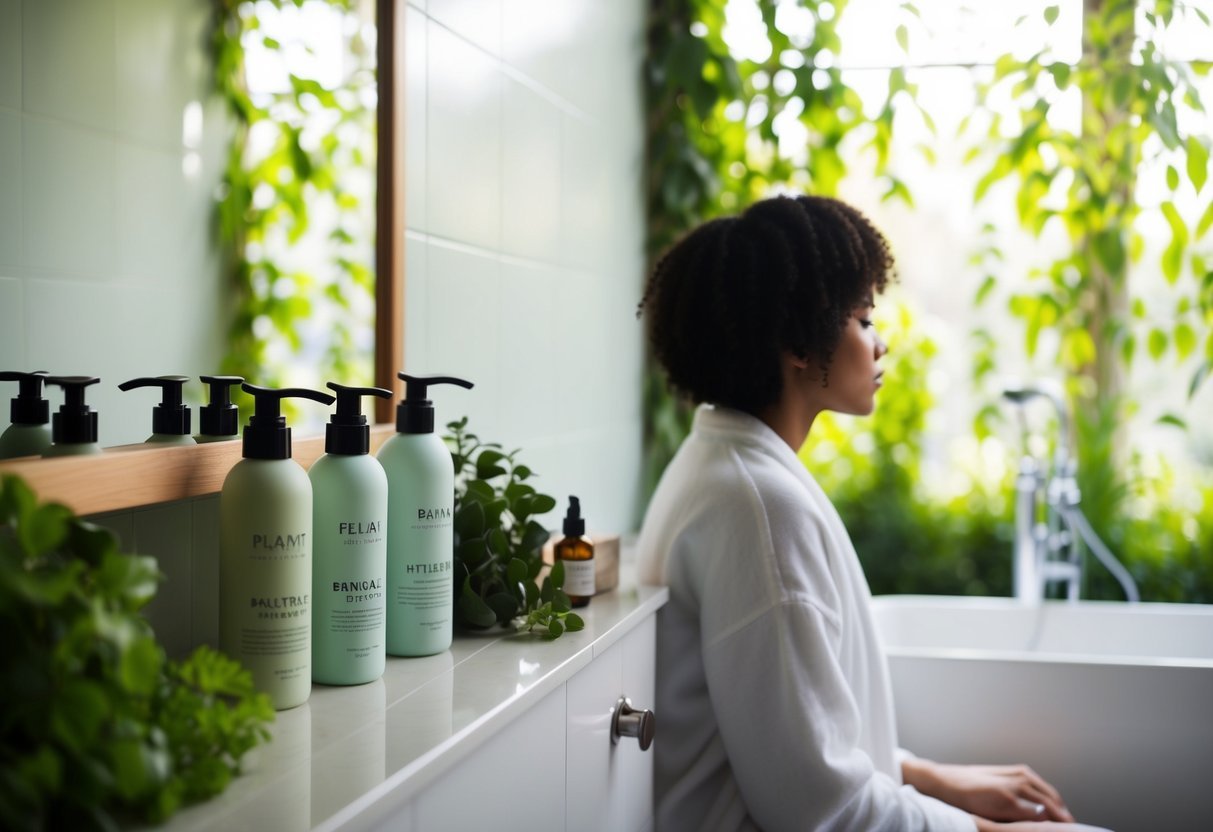 A serene bathroom with plant-based haircare products lined up neatly on a shelf. A person waits patiently, surrounded by greenery and natural light