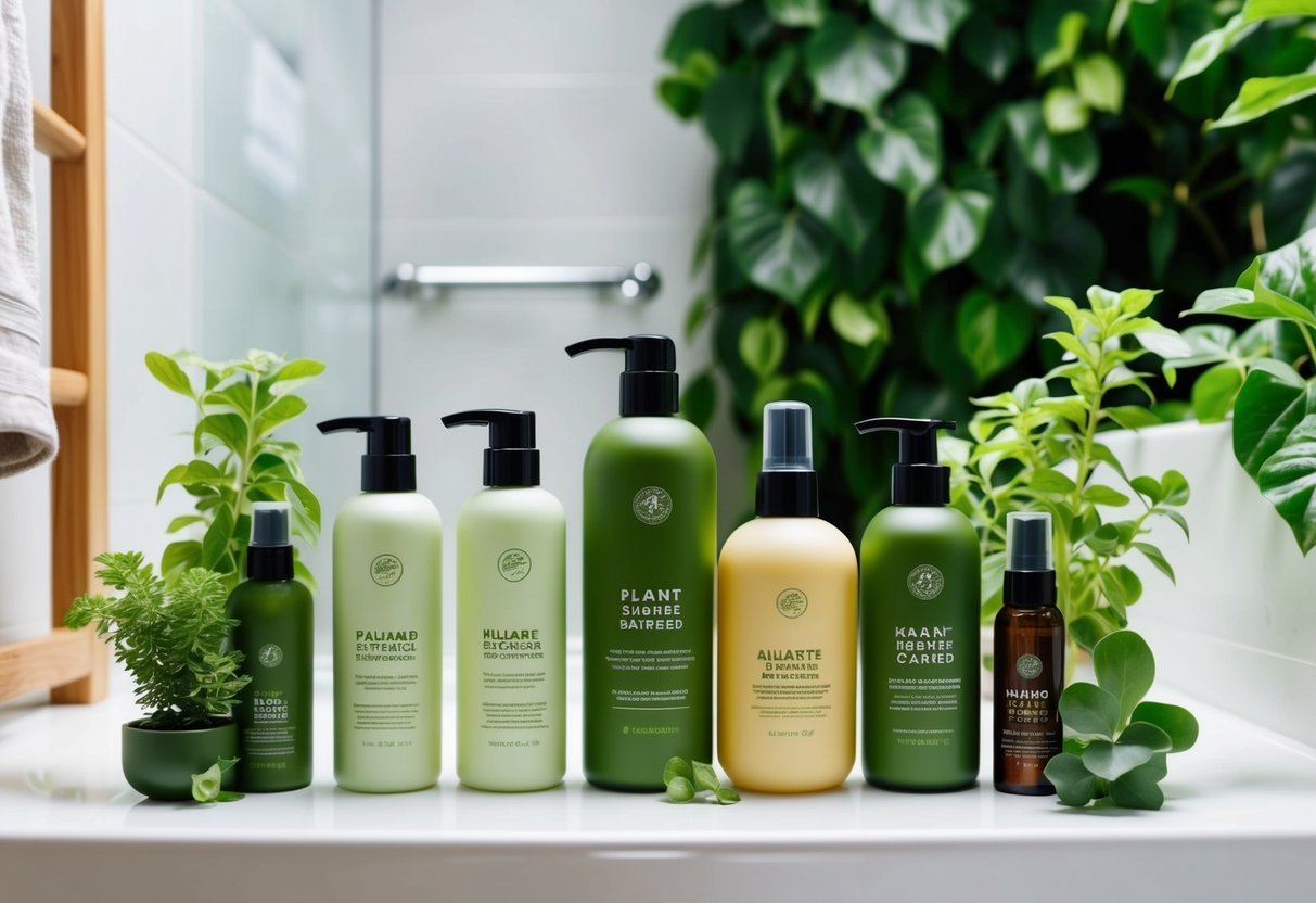 A bathroom counter with plant-based haircare products arranged in a step-by-step sequence, from shampoo to styling products, surrounded by lush greenery