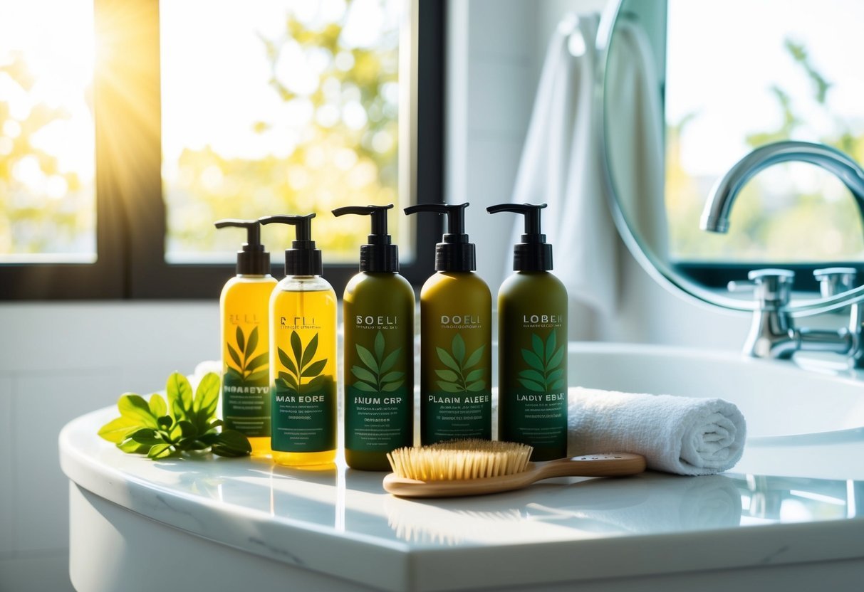 A bathroom counter with plant-based haircare products neatly arranged in a row, a towel, and a hairbrush. Sunlight streams in through a window, casting a warm glow on the scene