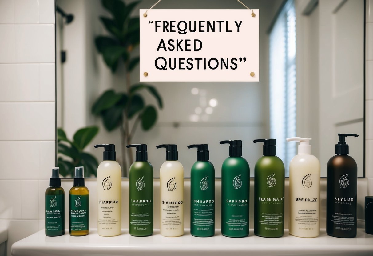 A bathroom counter with plant-based haircare products lined up in 5 steps, from shampoo to styling products, with a "Frequently Asked Questions" banner above