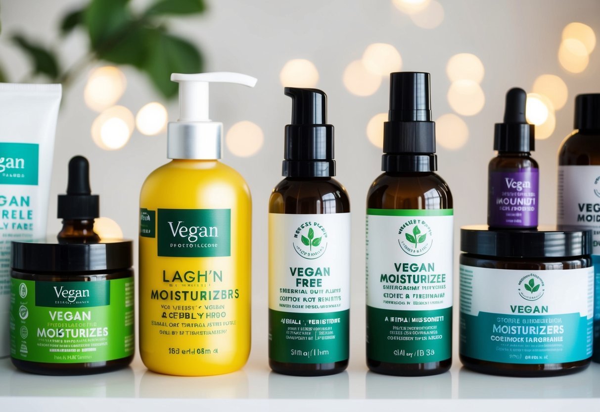 A variety of vegan moisturizers displayed on a shelf, with natural ingredients and cruelty-free labels. Bright, clean, and inviting environment