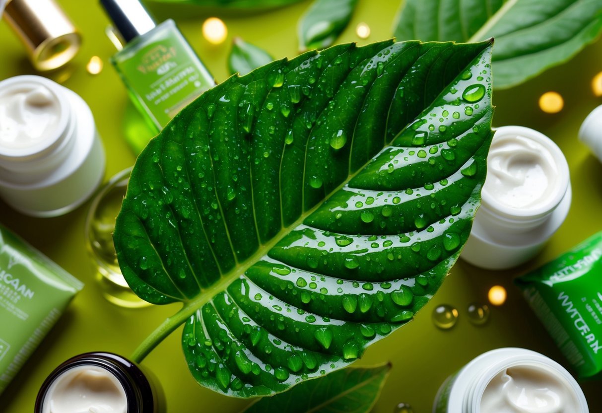 A lush green leaf with droplets of water, surrounded by various vegan moisturizer options