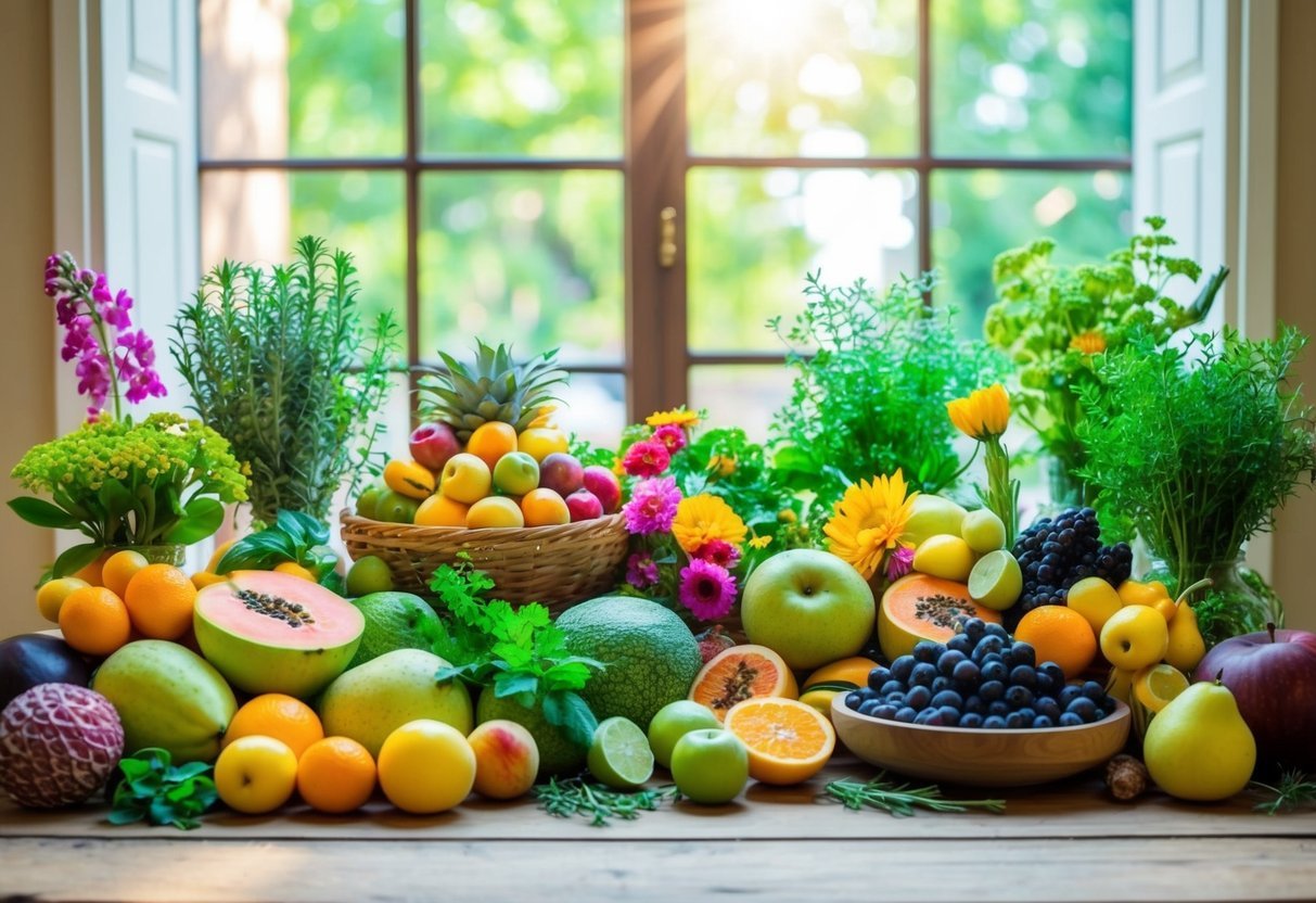 A colorful array of organic fruits, flowers, and herbs arranged on a wooden table, with sunlight streaming in through a window