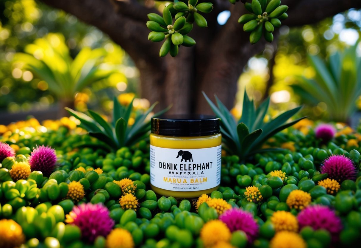 A lush marula tree surrounded by vibrant botanicals, with a jar of Drunk Elephant Marula Beauty Balm as the focal point