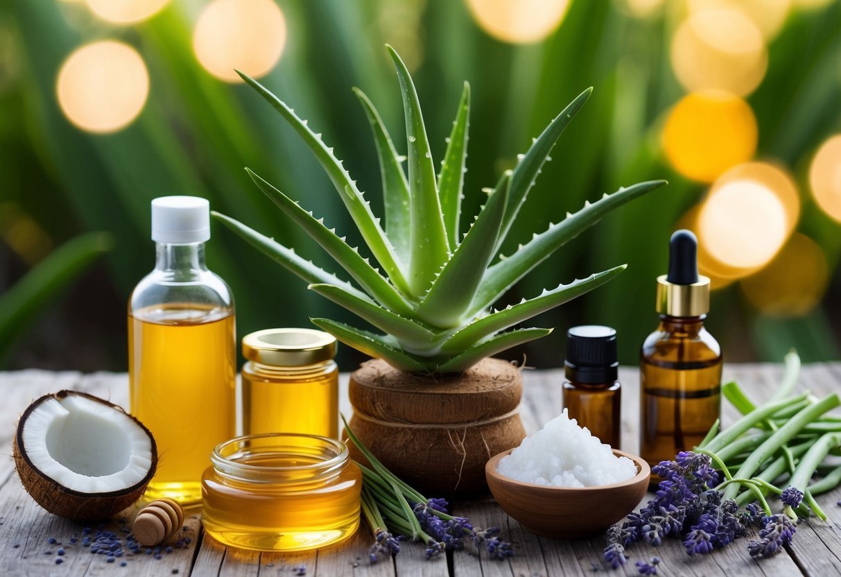 Aloe vera plant surrounded by various organic ingredients like honey, coconut oil, and lavender, with skincare products arranged around it