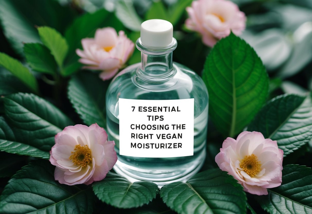 A clear glass bottle of rosewater surrounded by green leaves and flowers, with the title "7 Essential Tips for Choosing the Right Vegan Moisturizer" displayed prominently
