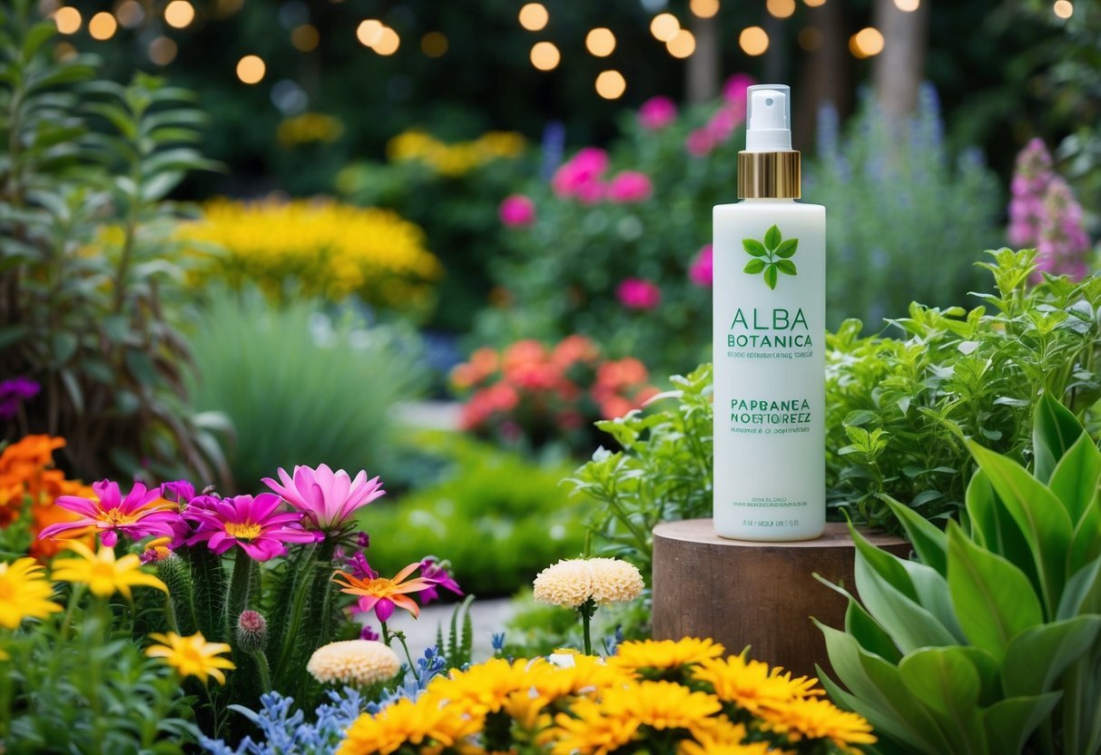 A serene scene of a botanical garden with a variety of plants and flowers, with a prominent display of Alba Botanica fragrance-free moisturizer