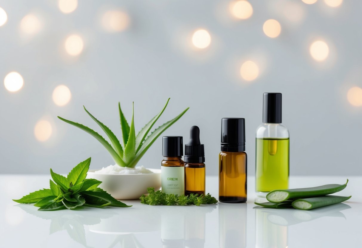 A collection of organic ingredients like green tea leaves, aloe vera, and essential oils arranged on a clean, minimalist skincare product display