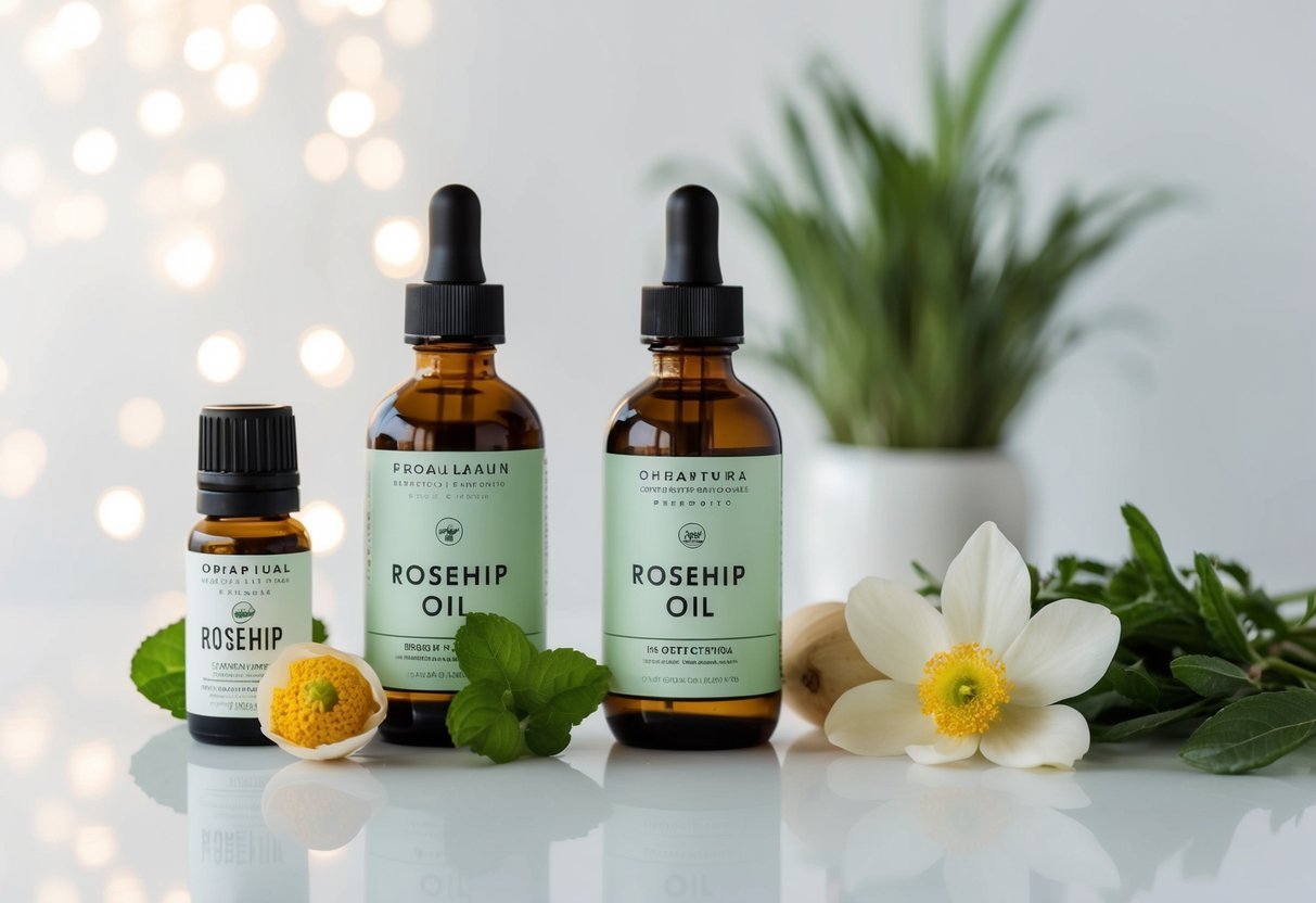 A collection of organic ingredients, including rosehip oil, arranged on a clean, minimalist background with soft natural lighting