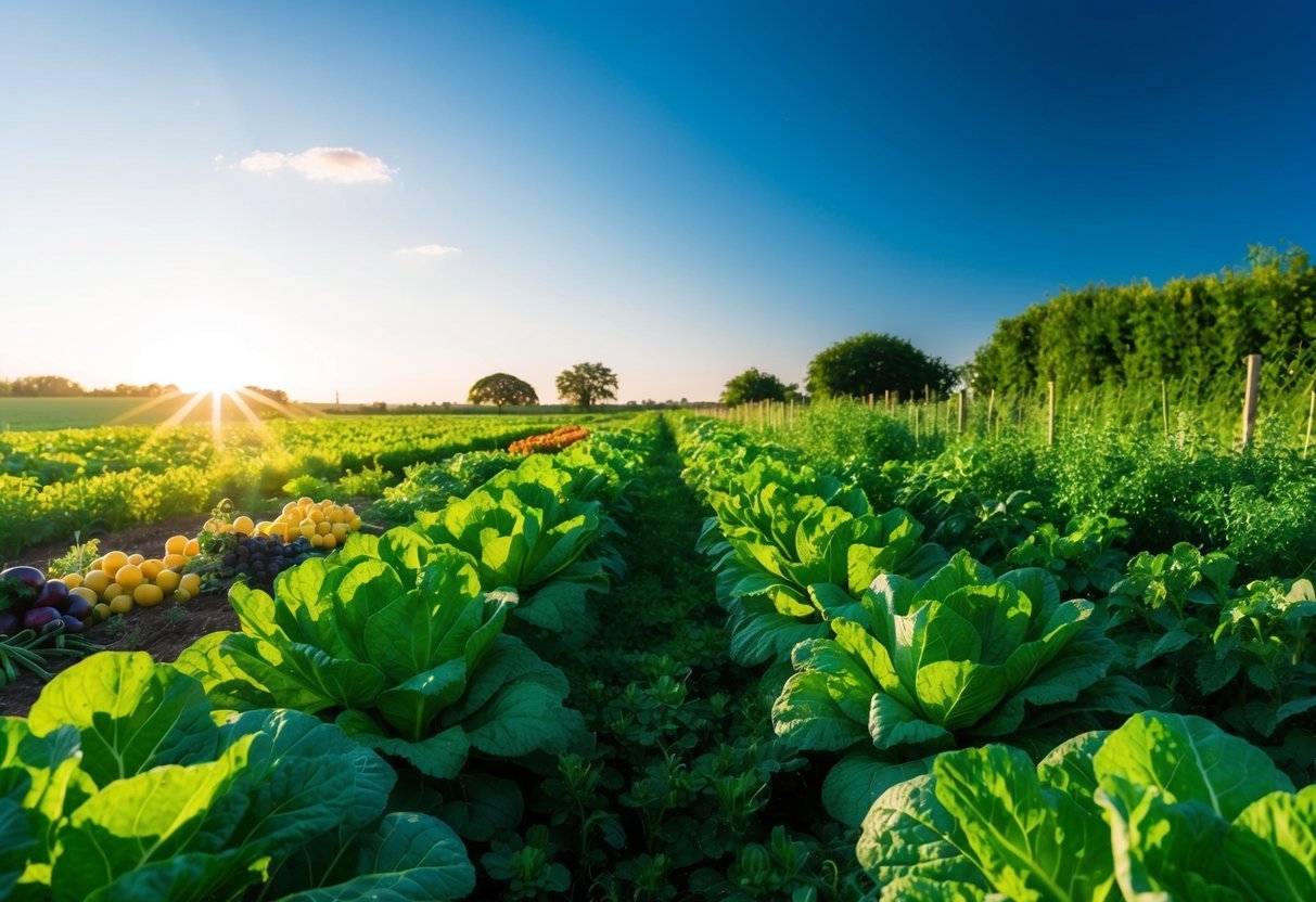 A lush green field with various vegetables and fruits growing, surrounded by a clear blue sky and a warm sun shining down