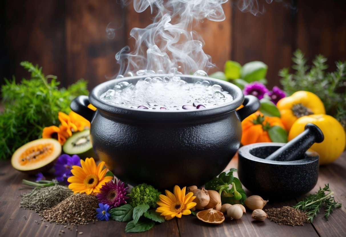 A bubbling cauldron surrounded by various organic ingredients such as herbs, flowers, and fruits, with a mortar and pestle nearby for grinding