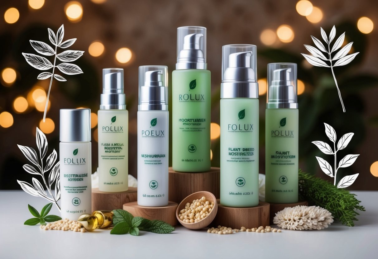 A variety of plant-based moisturizers displayed with different skin type symbols, surrounded by botanical illustrations and natural elements