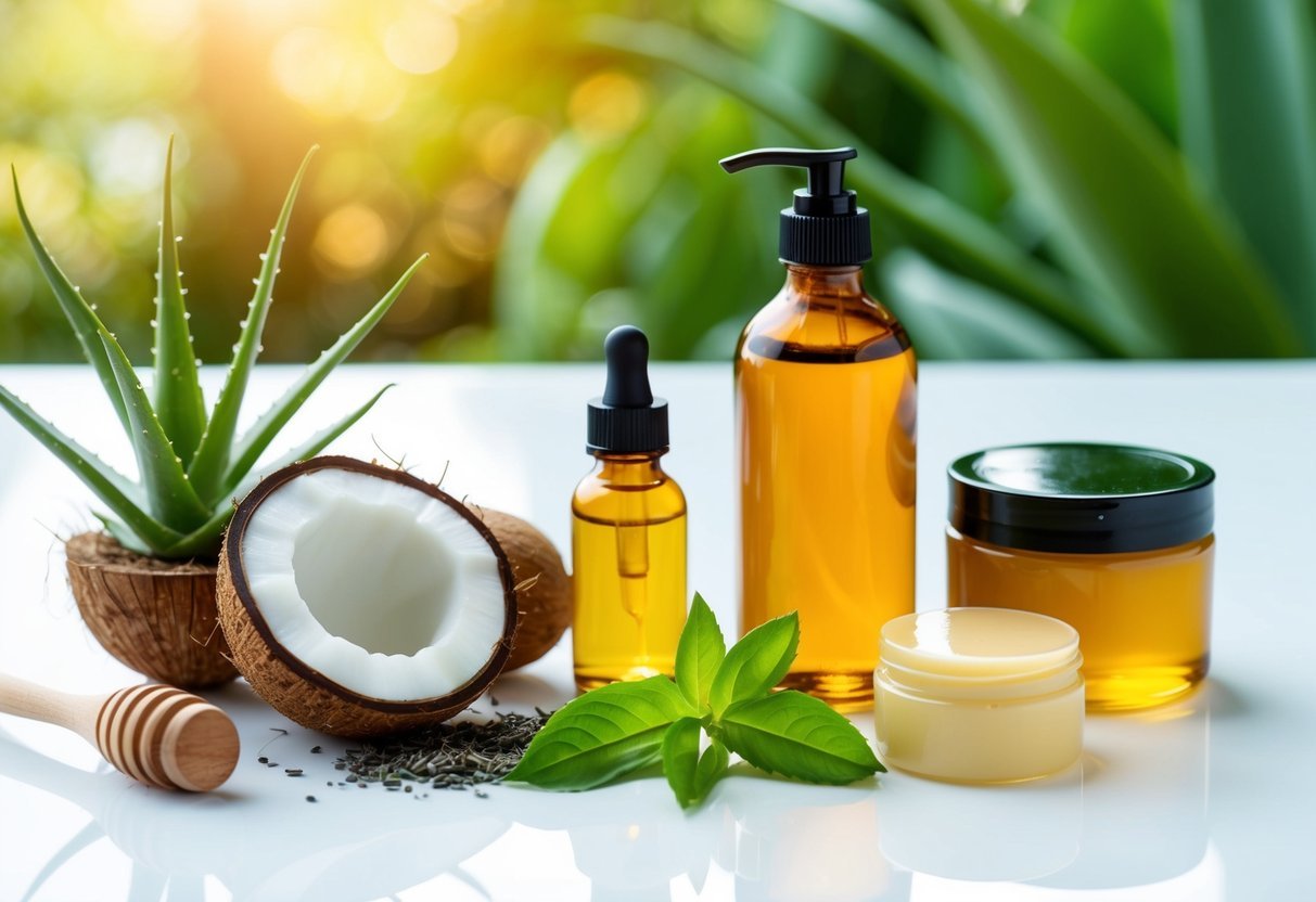 Various organic ingredients scattered around a skincare routine: aloe vera, coconut oil, green tea, honey, jojoba oil, and shea butter