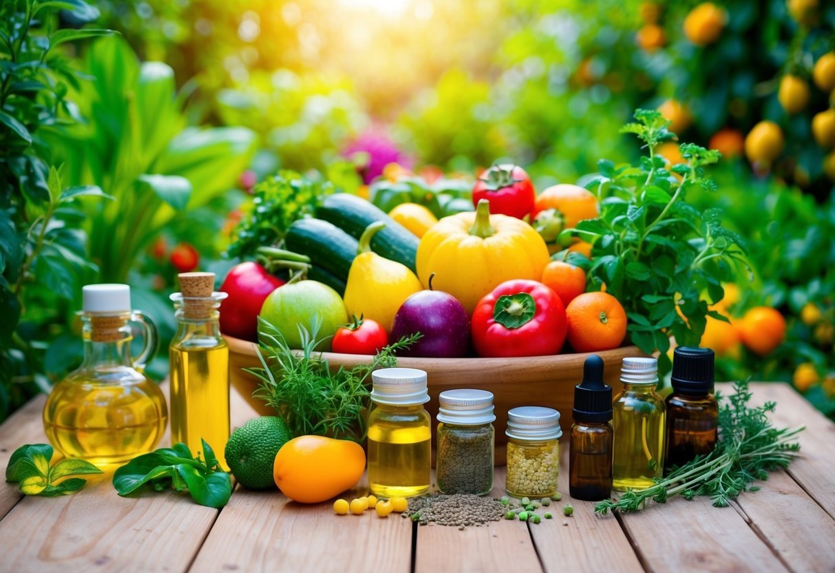 A lush garden with vibrant fruits, vegetables, and herbs, surrounded by a variety of plant-based oils and extracts