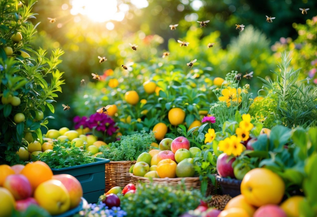 A lush garden bursting with colorful fruits, flowers, and herbs, surrounded by sunlight and buzzing bees