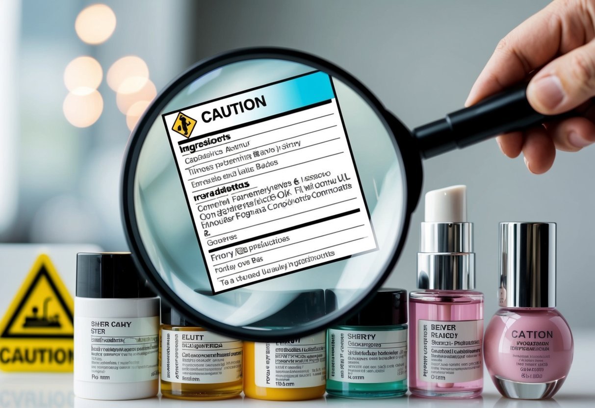 A magnifying glass hovers over a collection of beauty products, examining their ingredients lists closely. A caution sign looms in the background