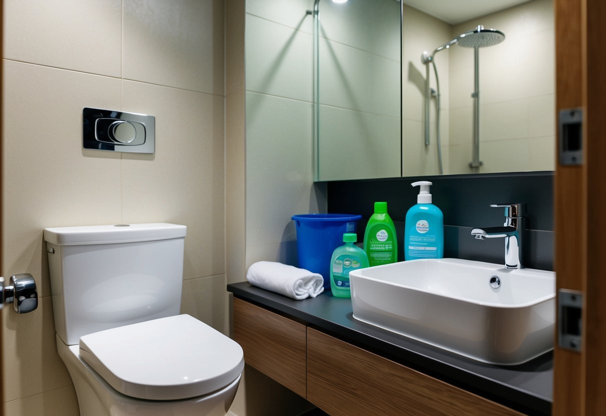 A bathroom with a low-flow toilet, water-saving showerhead, and energy-efficient lighting.</p><p>Recyclable materials and eco-friendly cleaning products are neatly organized on the shelves