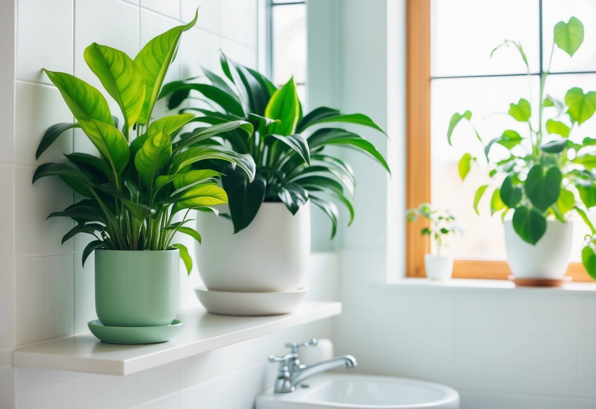 Two lush houseplants sit on a shelf in a bright, airy bathroom.</p><p>The plants add a touch of greenery, creating a more eco-friendly atmosphere