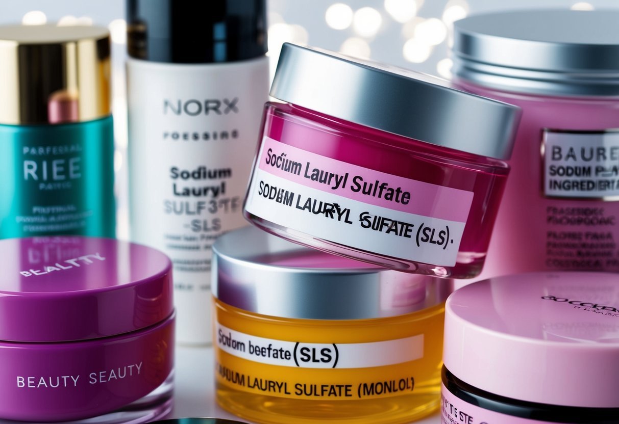 A close-up of various beauty product containers with a focus on ingredient labels, highlighting the presence of Sodium Lauryl Sulfate (SLS) and other potentially toxic ingredients