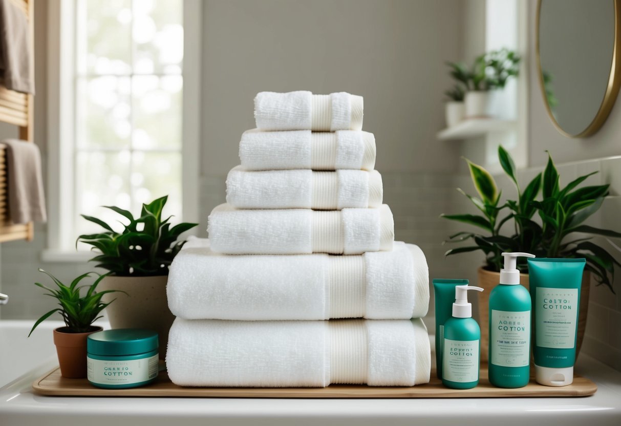 A stack of soft, absorbent organic cotton towels arranged neatly in a bathroom, surrounded by eco-friendly bath products and potted plants