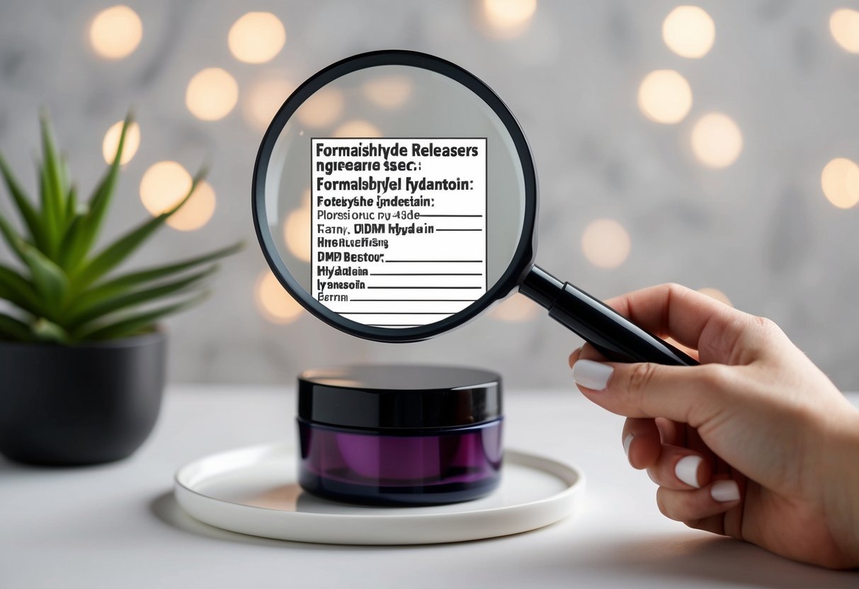 A hand holding a beauty product with a magnifying glass inspecting the ingredient list for "Formaldehyde Releasers" like DMDM Hydantoin