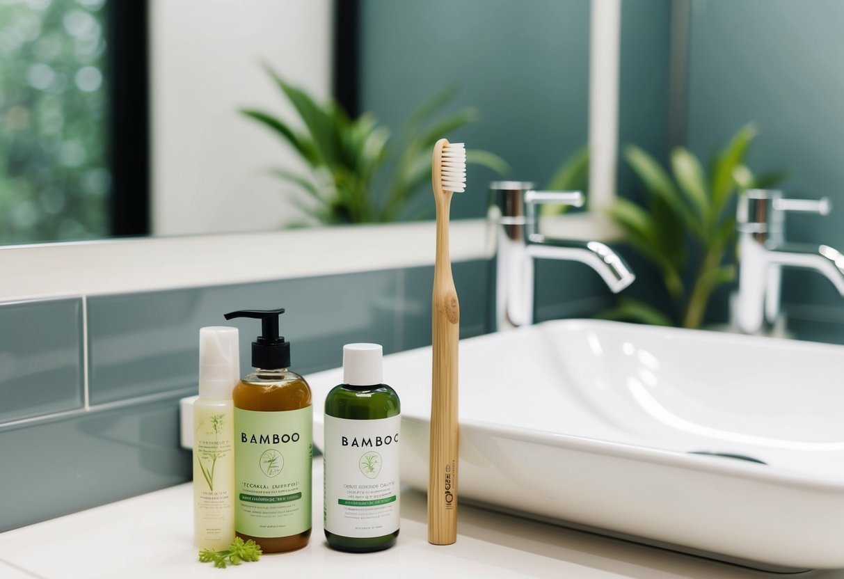 A bamboo toothbrush next to a line of eco-friendly bathroom products on a clean, modern sink counter