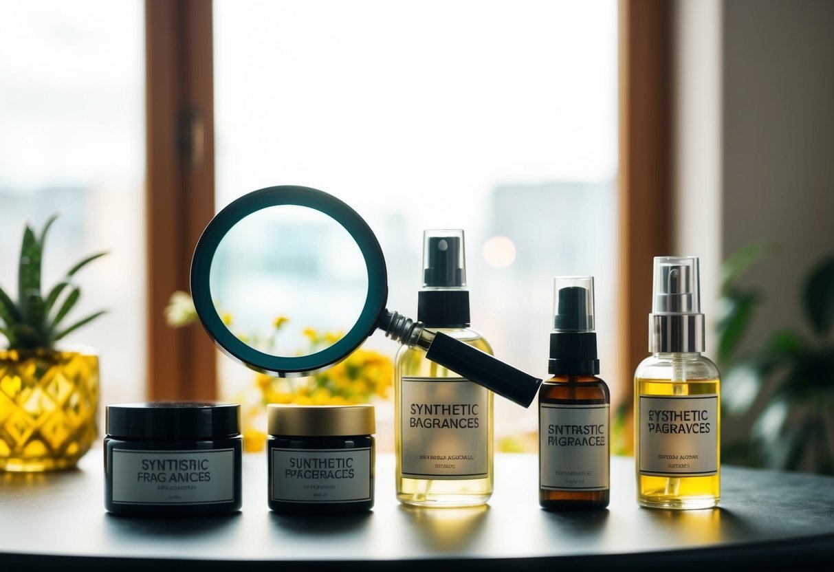 A table with various beauty products labeled "Synthetic Fragrances" and a magnifying glass highlighting toxic ingredients