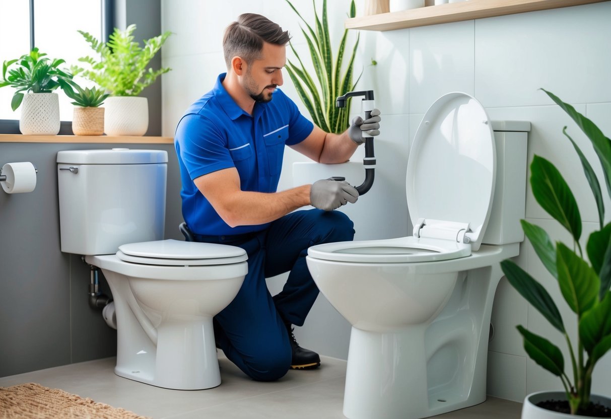 A plumber installing a water-efficient toilet in a modern bathroom with eco-friendly features and plants