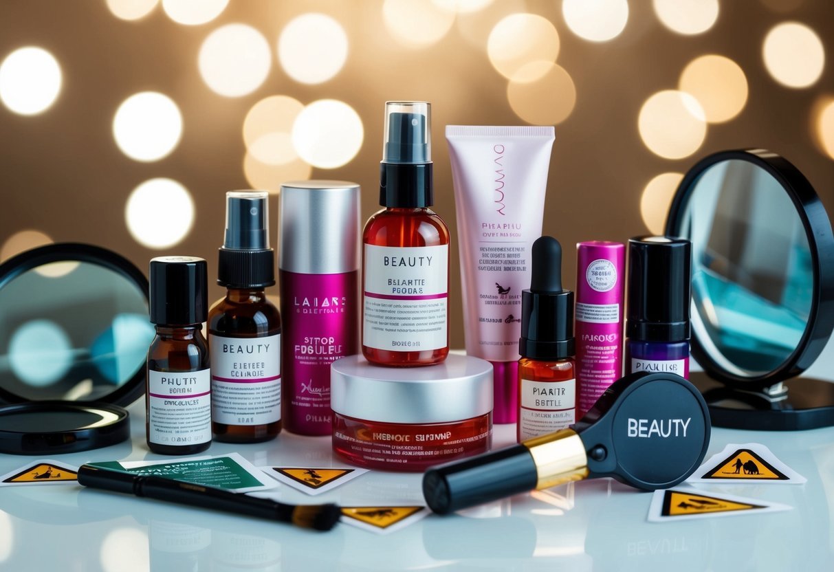 A collection of beauty products with labels and packaging, surrounded by magnifying glasses and warning symbols