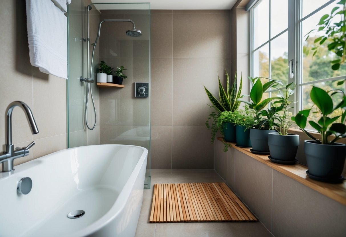 A bathroom with a bamboo bath mat, a low-flow showerhead, and a plant-filled window ledge