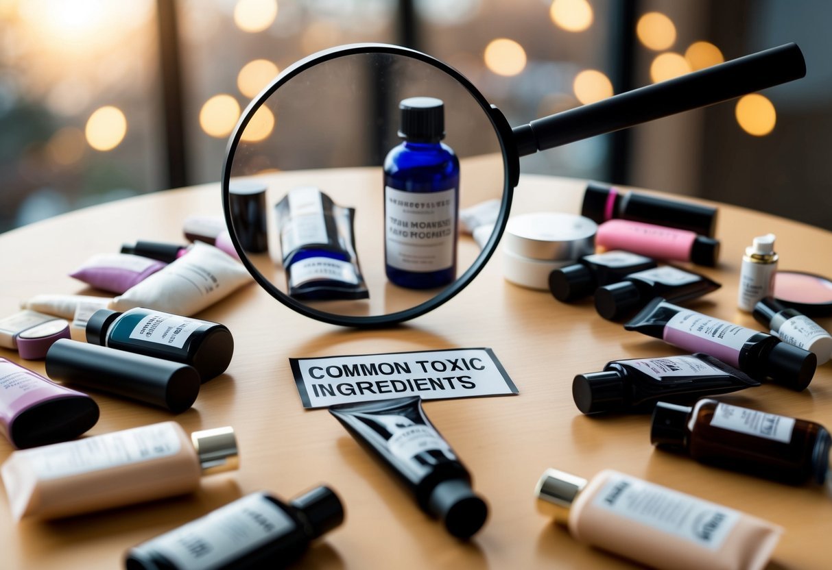 A table with various beauty products scattered, each labeled with common toxic ingredients. A magnifying glass hovers over the products, highlighting the harmful components
