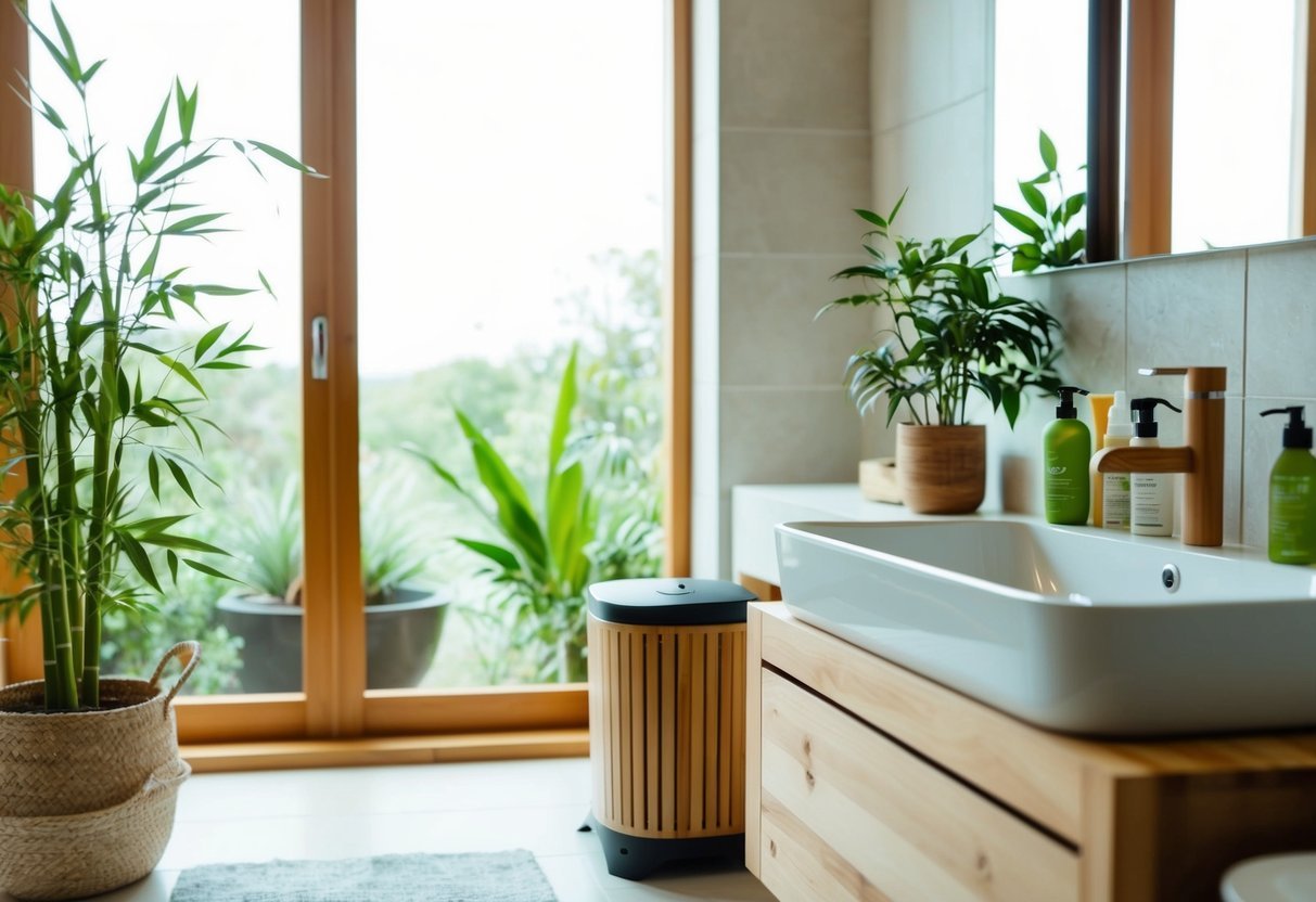 A serene bathroom with natural light, bamboo accessories, low-flow fixtures, and plants.</p><p>A compost bin and eco-friendly cleaning products are visible