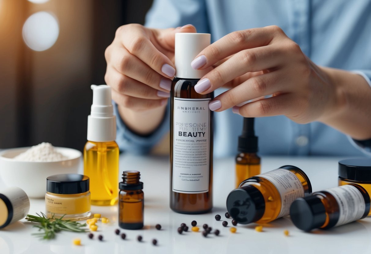 A person's hand holding a beauty product while scanning the label with a concerned expression. Surrounding the hand are various beauty products and ingredients scattered on a table