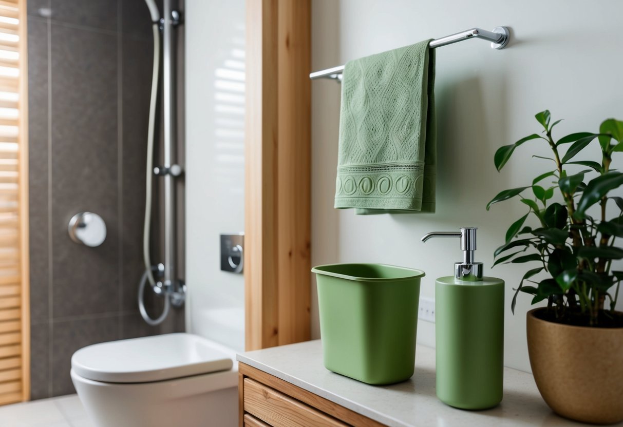 A bathroom with bamboo or recycled paper towels, a low-flow showerhead, and refillable soap dispensers.</p><p>A compost bin for organic waste and a plant for air purification