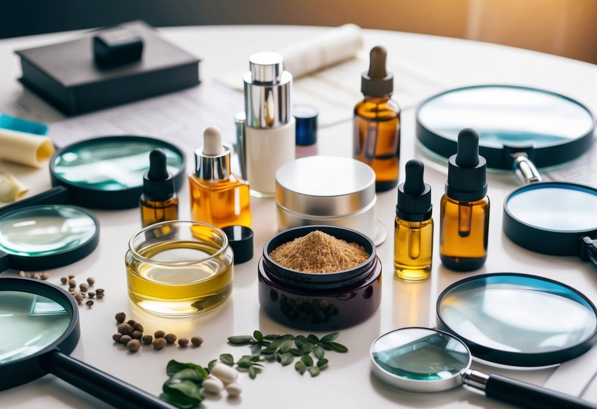 A table with various beauty products and ingredients, surrounded by magnifying glasses and research materials