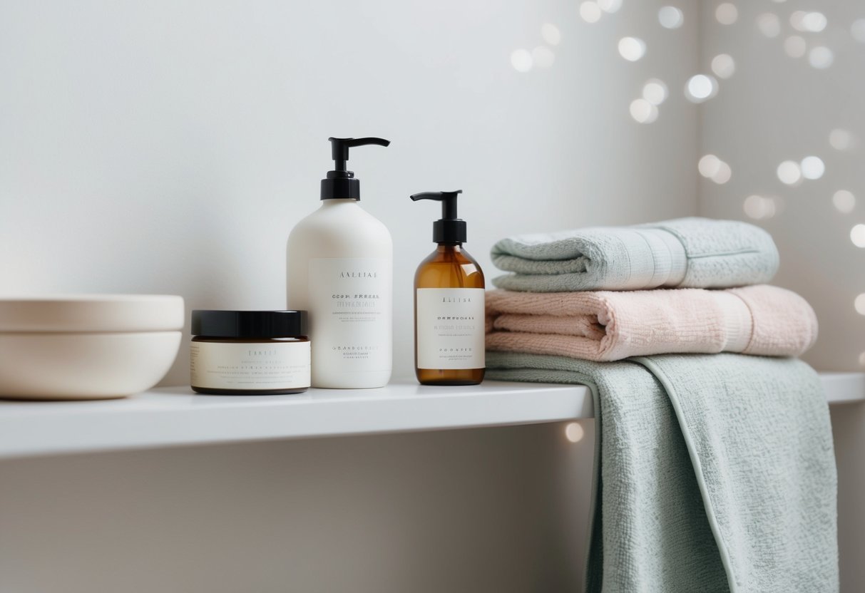 A serene, minimalist bathroom shelf with gentle, natural skincare products and soft, pastel-colored towels